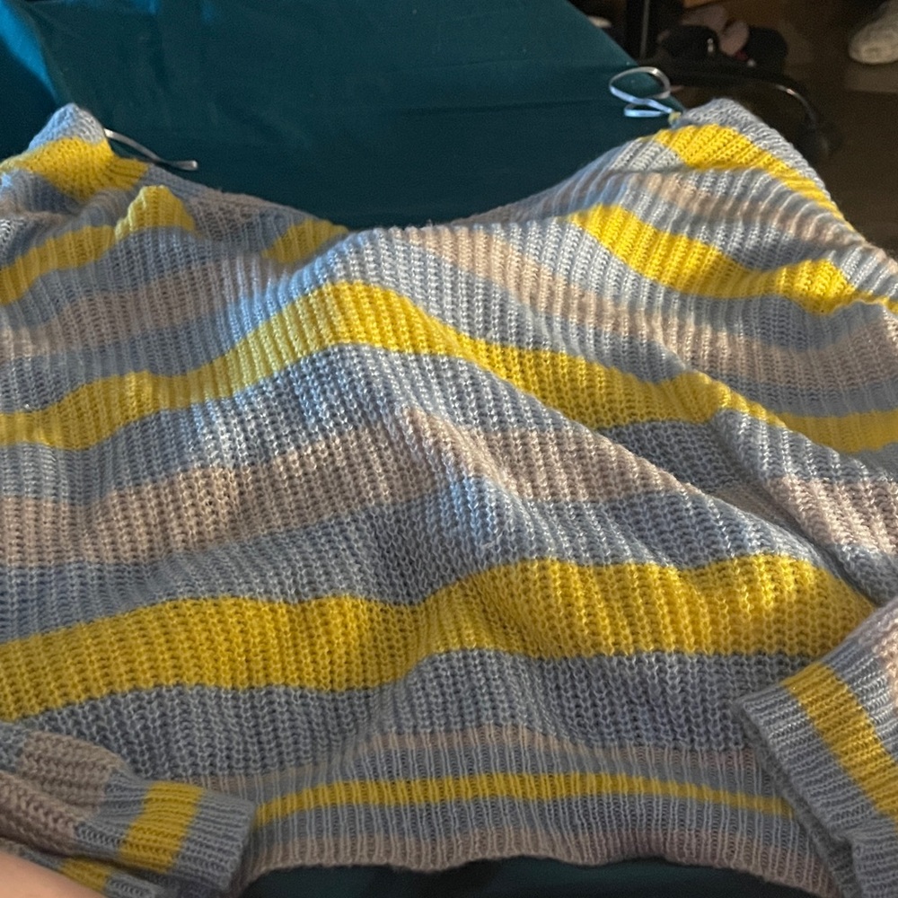 Off-the-Shoulder Striped Knit Sweater in Light Blue, Yellow & Cream